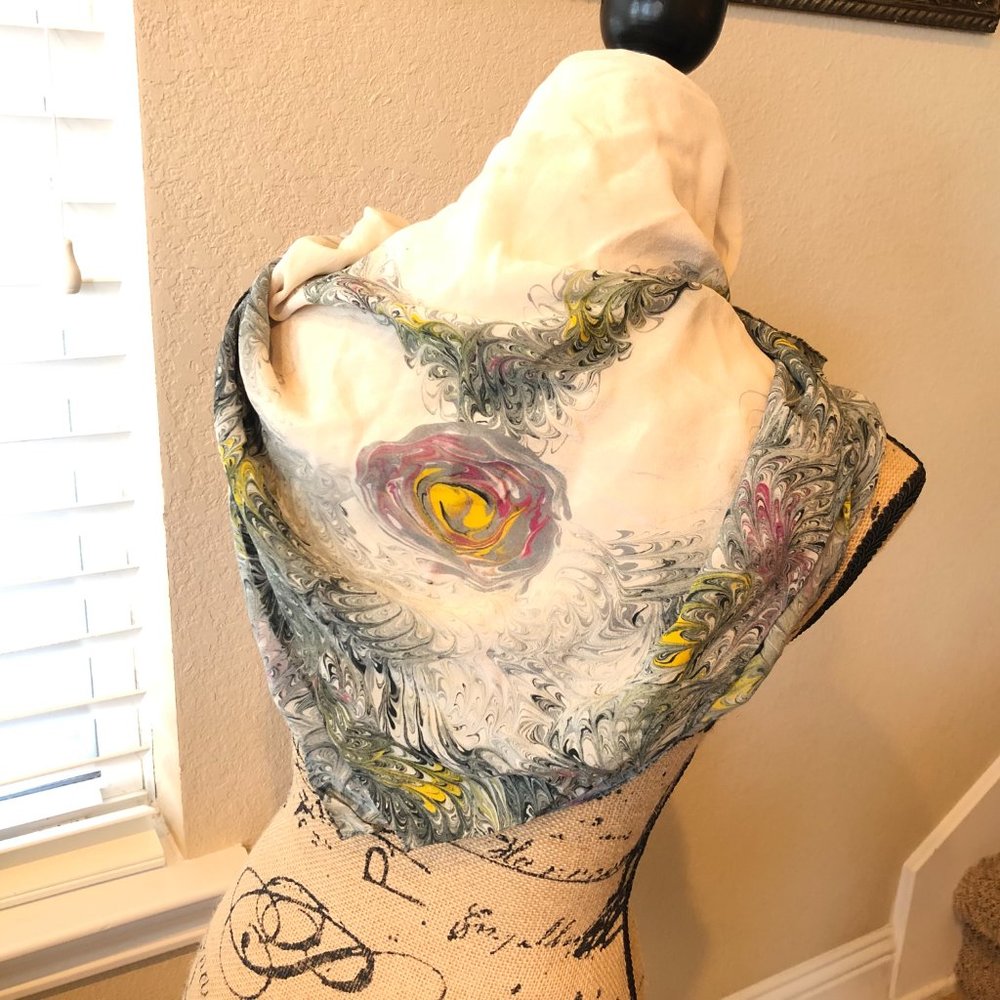 Marble Swirl Silk Scarf Hand Marbled Square Ivory Black Gray Hand Rolled Hem - Picture 7 of 7
